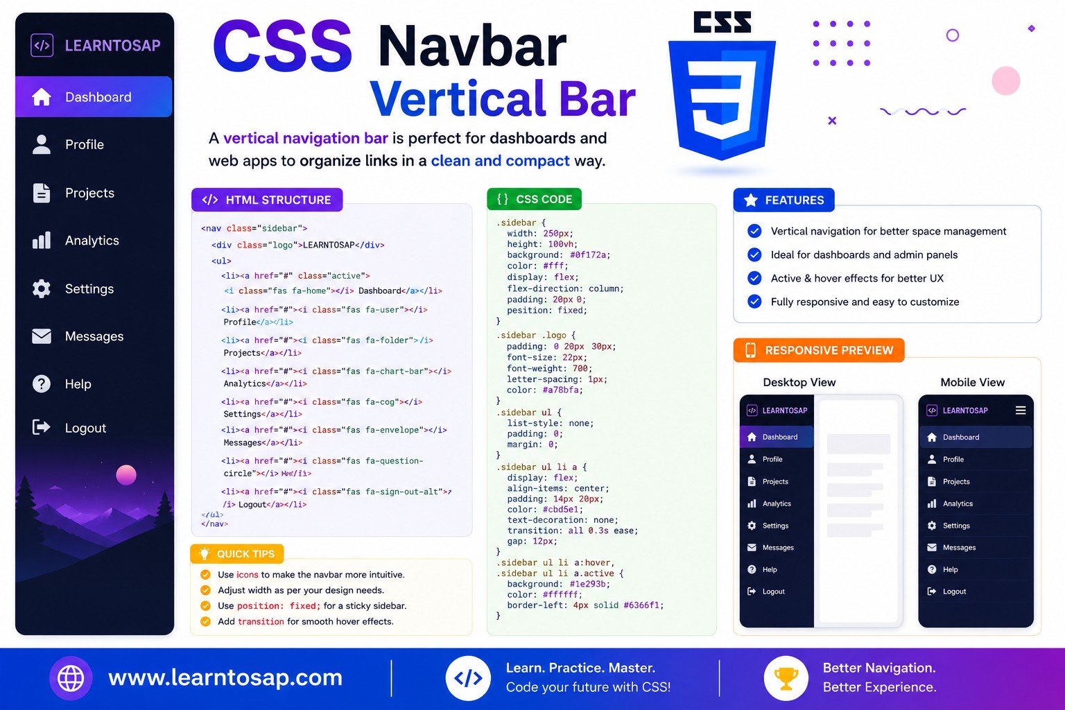 CSS vertical navigation bar sidebar menu example