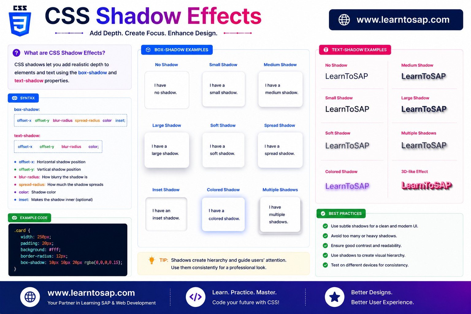 CSS box-shadow example showing soft elevation shadows on cards